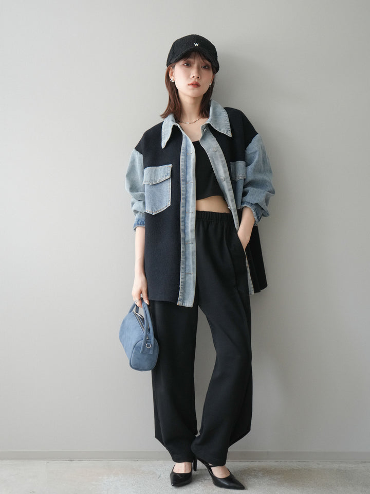 [SET]デニム襟ダブルフェイスニットカーディガン+2WAYデザインスウェットパンツ(2set)