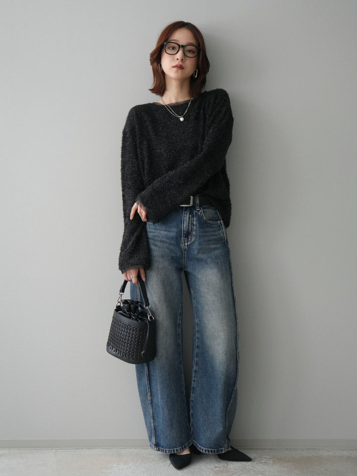 [SET]ラメシャギートップス+サイド切替カーブデニムパンツ(2set)