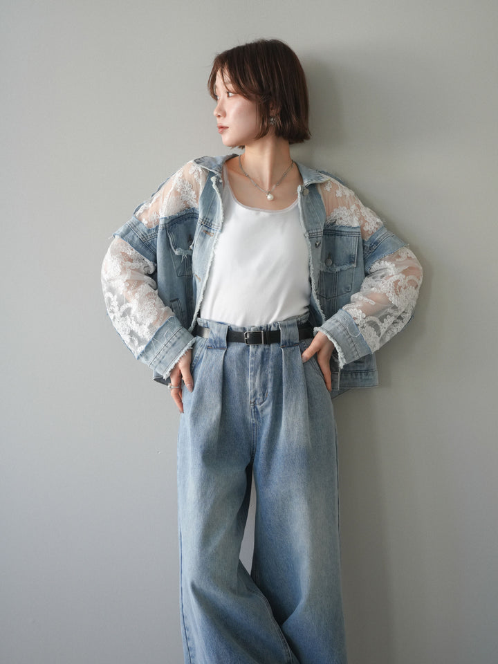 [SET]レース切替デニムジャケット+タックベルトループデニムパンツ(2set)