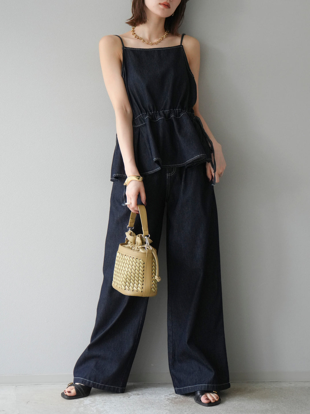 [SET]デニムタックフレアキャミソール＆イージーワイドパンツSET UP(2set)