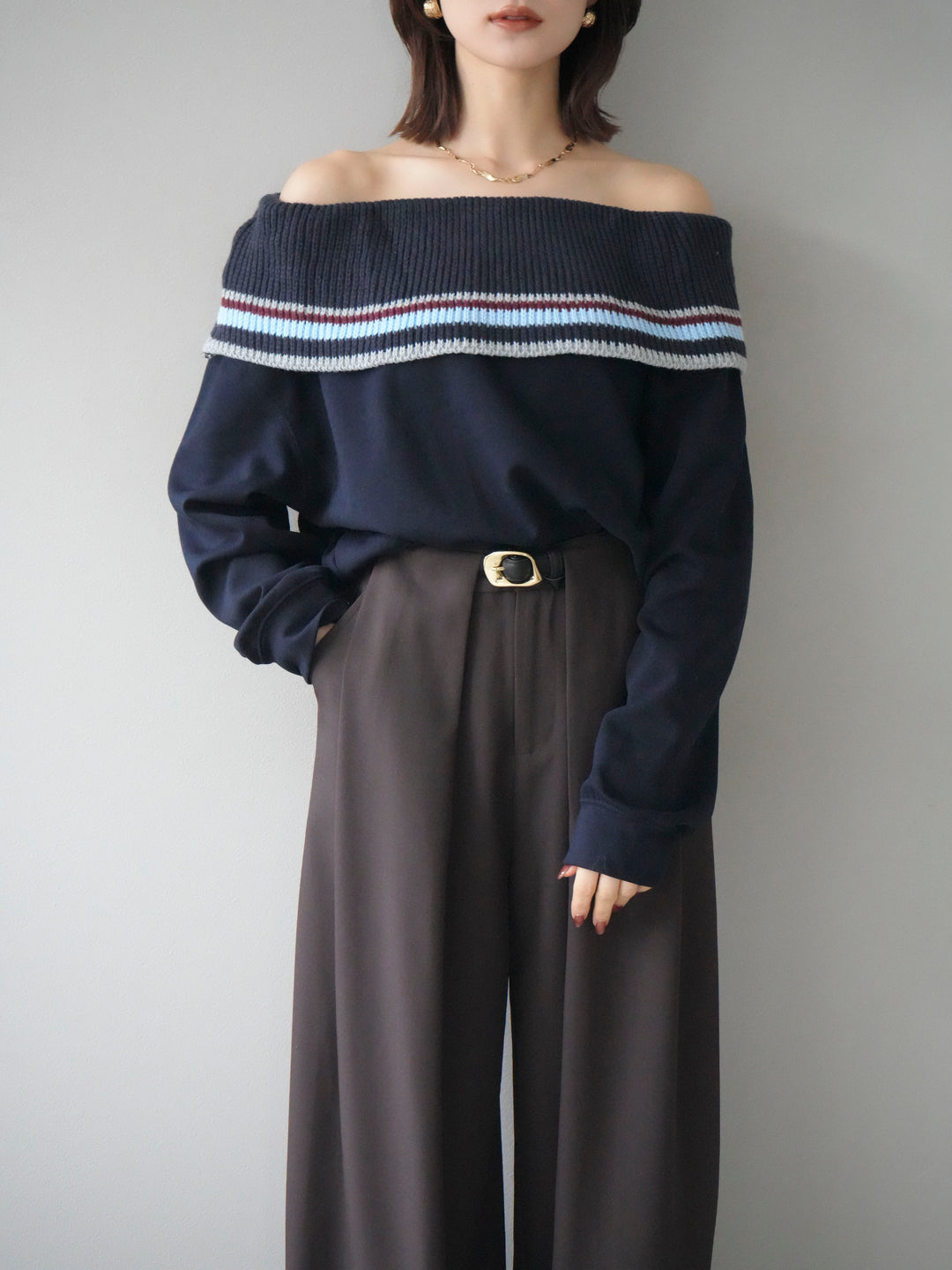[予約]ボーダーニットオフショルダーxスウェットプルオーバー/navy