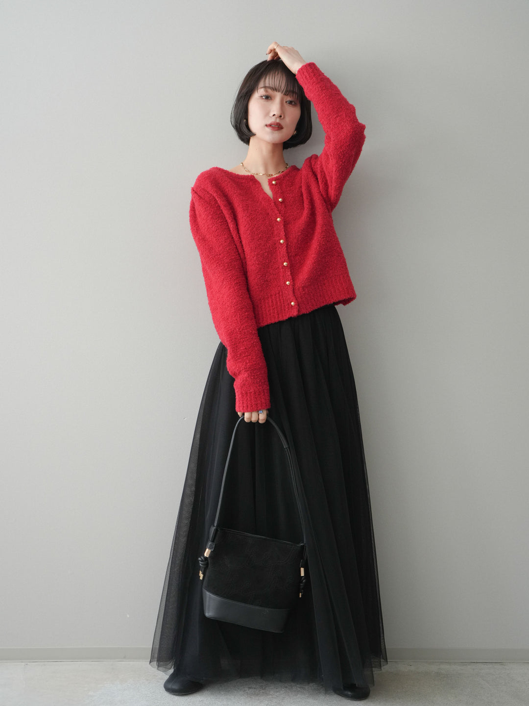[SET]ゴールドボタンブークレニットカーディガン+チュールボリュームスカート(2set)