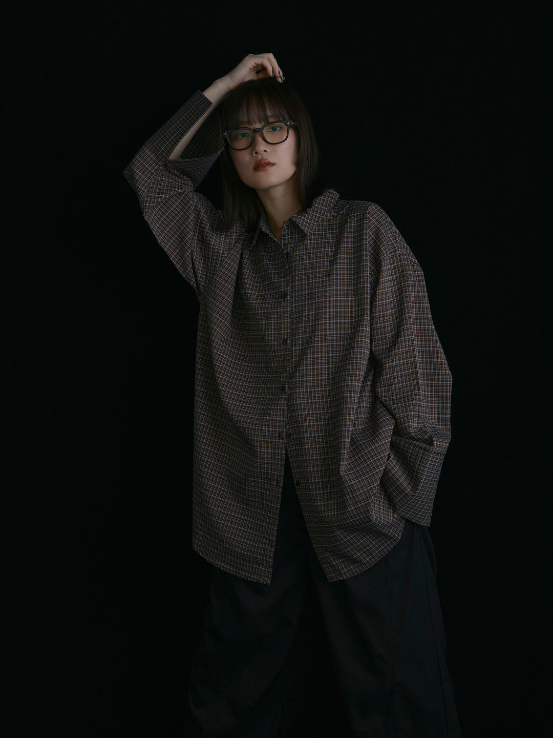 【Allure】[SET]チェックBIGカフスオーバーシャツ+タフタワイドカーブパンツ(2set)