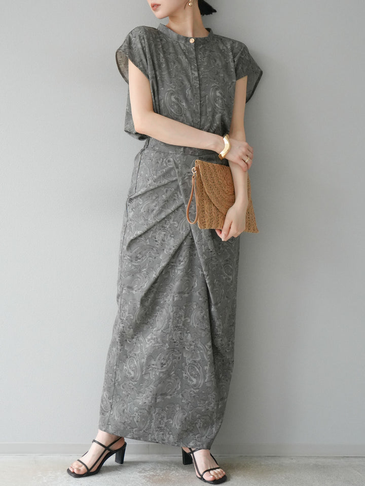 [SET]ペイズリープリントゴールドボタンブラウス+ペイズリープリントタックIラインスカート(2set)