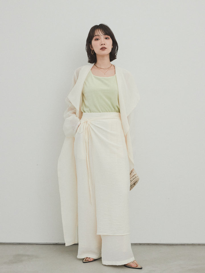 [SET] 方形天鵝絨背心 + 水洗緞層疊裙褲 + 透視長外套 (3 件套)