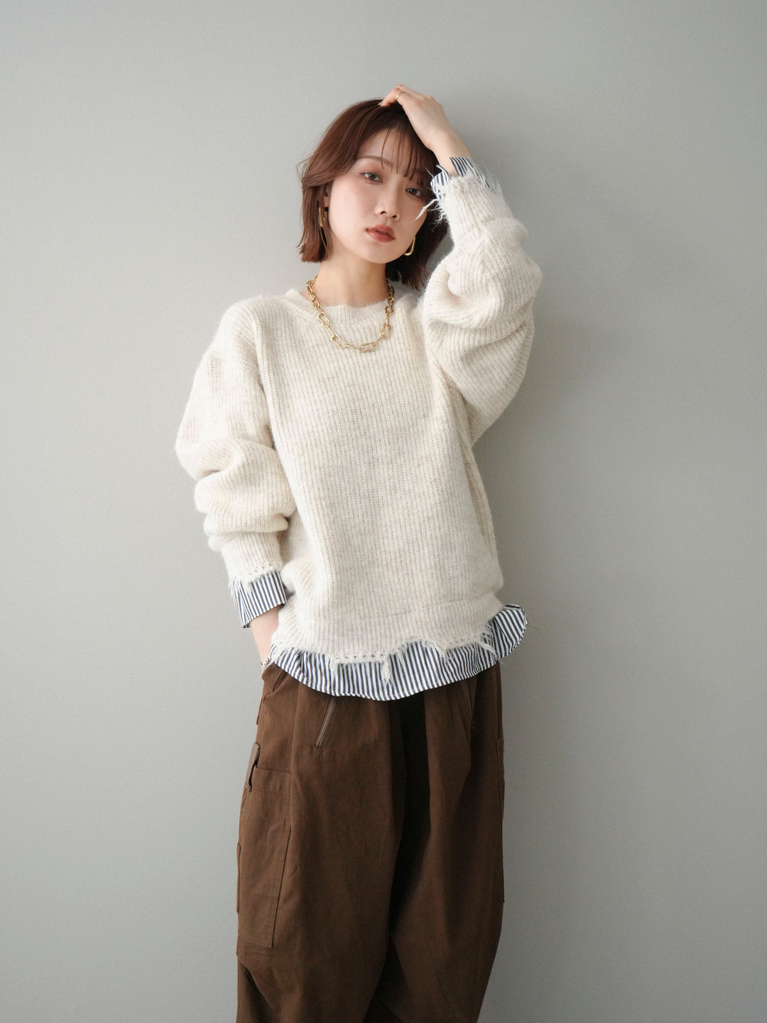 [SET]裾シャツレイヤードダメージニットプルオーバー+ストーンフォークリング(2set)