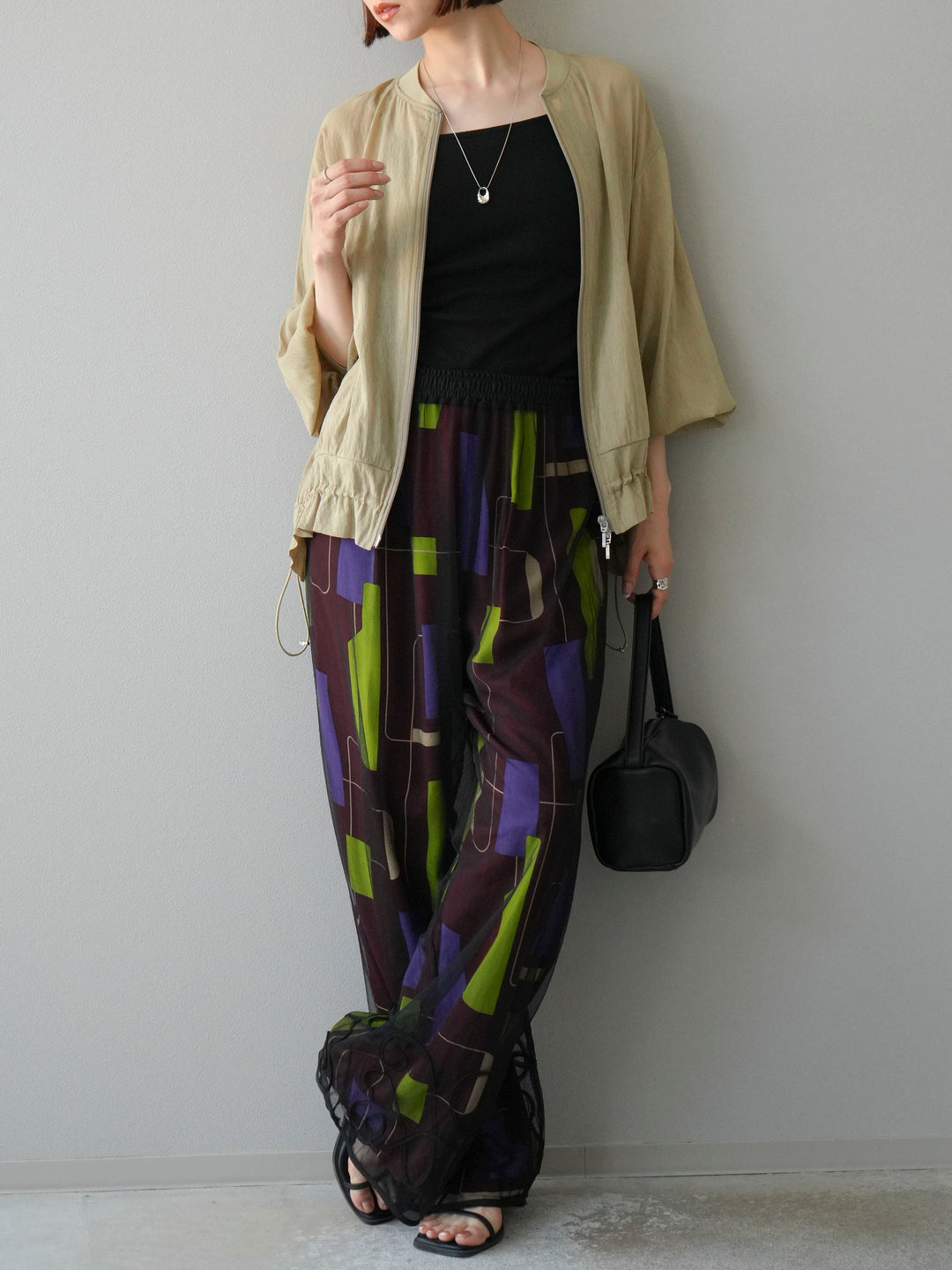 [予約]レーヨンフレックススラブレトロ柄ストレートパンツ/ワイン