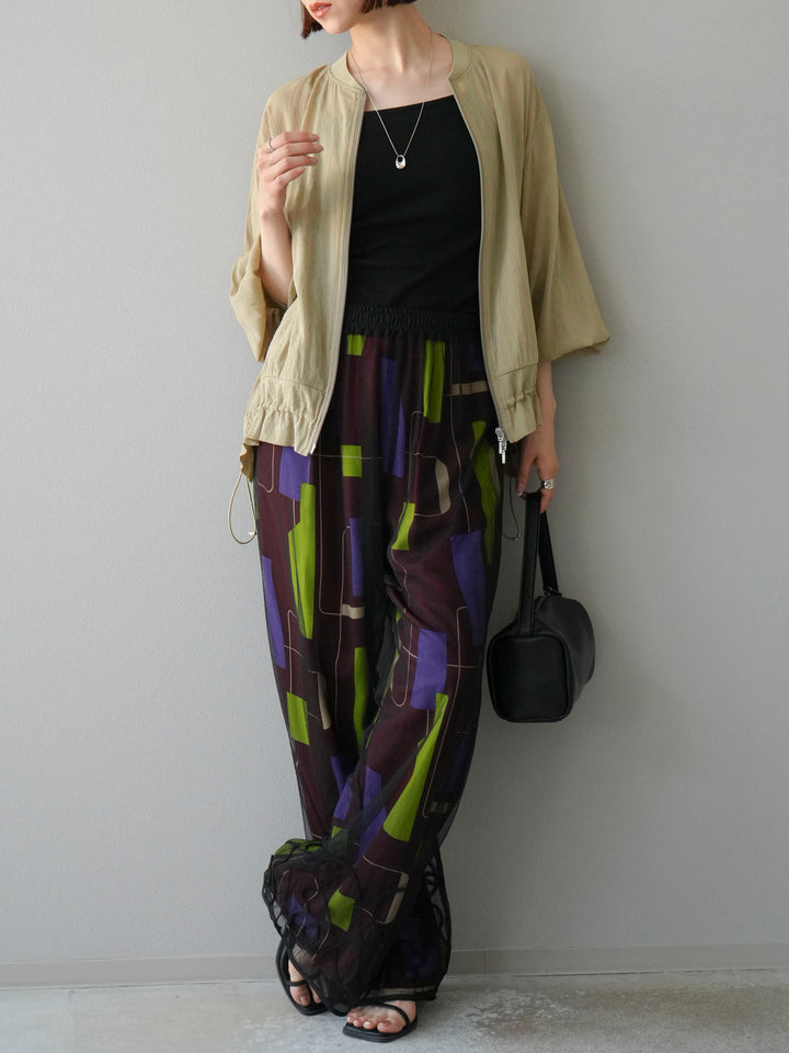 [予約]レーヨンフレックススラブレトロ柄ストレートパンツ/ワイン