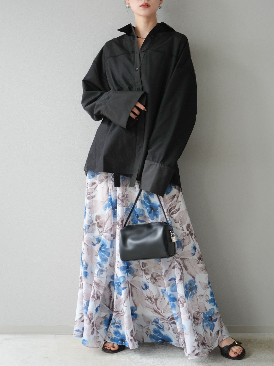 [予約]フラワープリントボリュームフレアスカート/ブルー