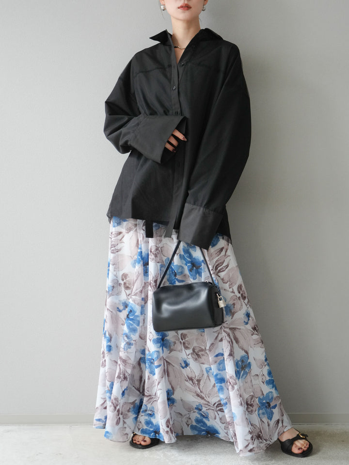 [予約]フラワープリントボリュームフレアスカート/ブルー