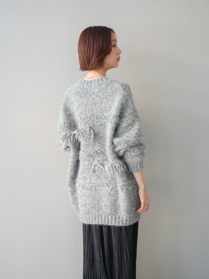 [SET]ミックスヤーンフリンジデザインニットジャケット+型押しスエードティアードプリーツスカート(2set)