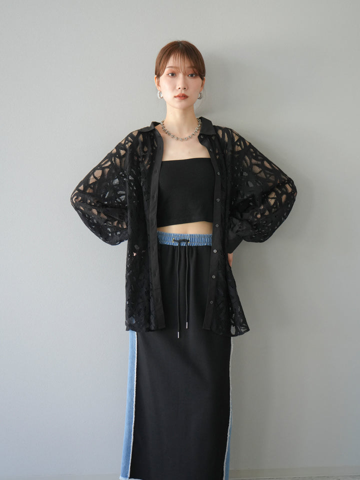 [SET]コードレースオーバーシャツ+デニムドッキングスウェットスカート(2set)