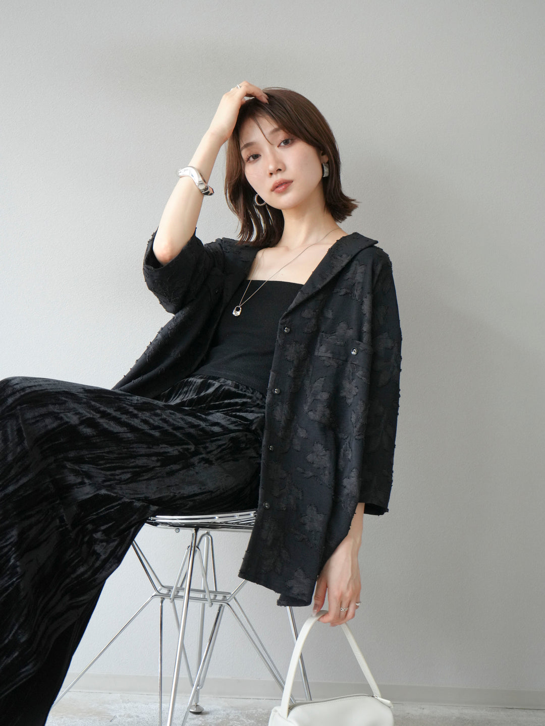 [予約]ジャガードハーフスリーブシャツ/ブラック