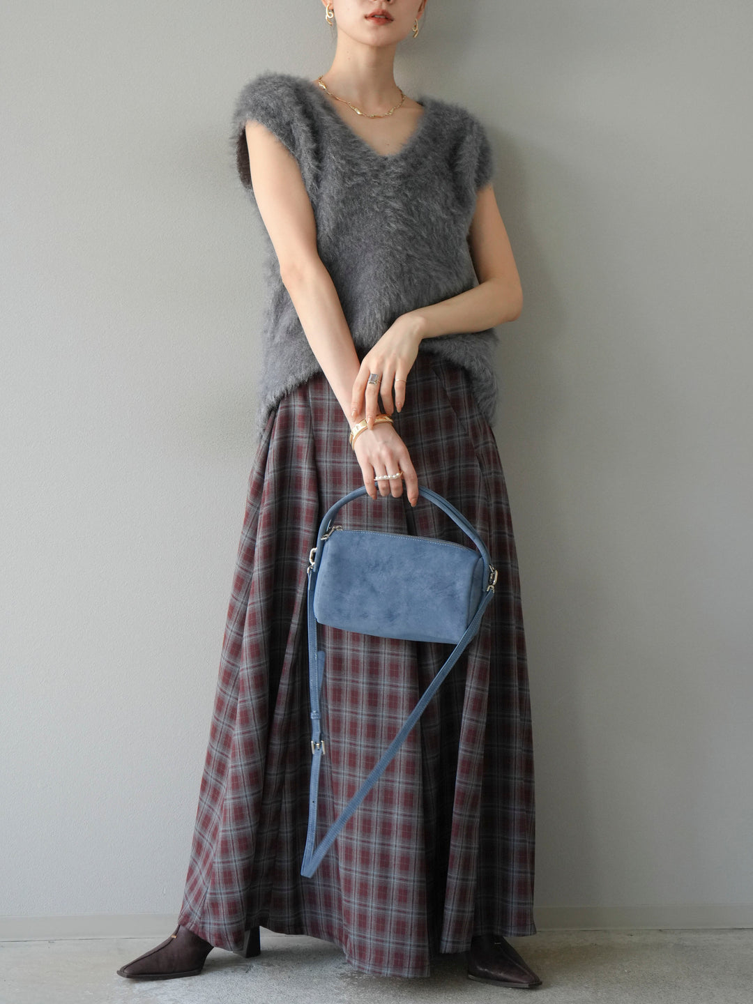 [予約]チェックタックフレアロングスカート/ ボルドー