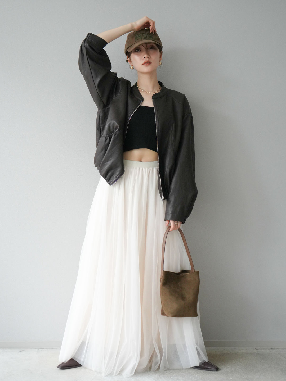 [予約]フェイクレザー裾バルーンブルゾン/ブラウン