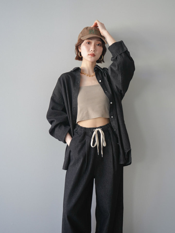 [SET]ポイントレザーオーバーデニムシャツ+ドロストワイドデニムパンツ(2set)