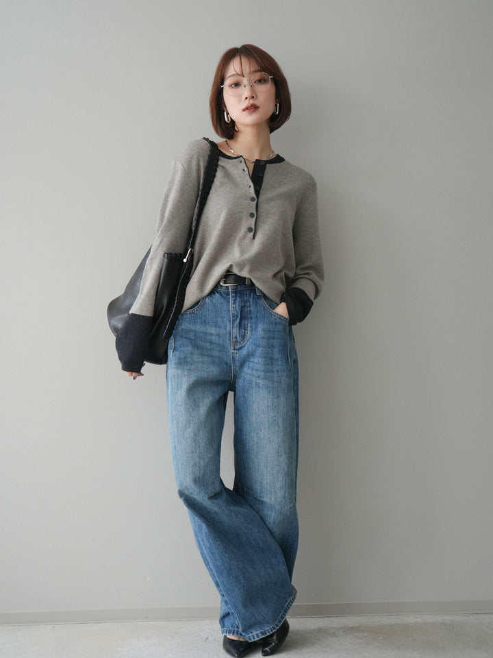 [SET]ヘンリーネック配色ニットソー+ベルト付3Dカーブワイドデニムパンツ(2set)