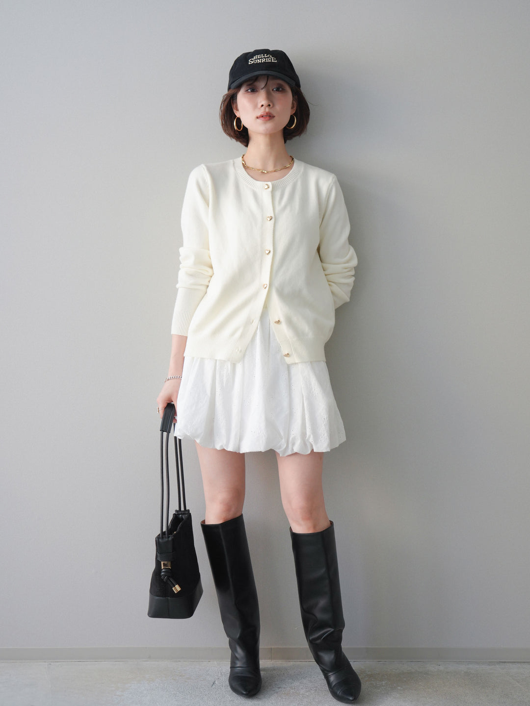 [SET]ハートボタンニットカーディガン+コットンライクレースバルーンミニスカート(2set)