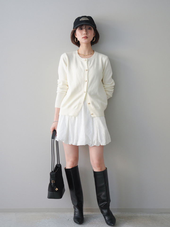 [SET]ハートボタンニットカーディガン+コットンライクレースバルーンミニスカート(2set)