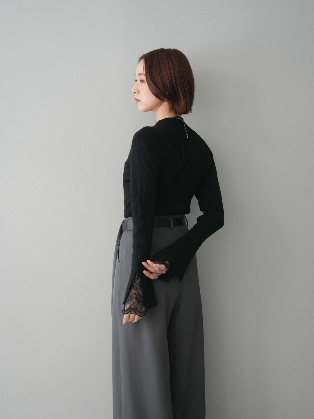 [SET]袖スカラップレースオフネックニットトップス+ベルトループデザインワイドパンツ(2set)