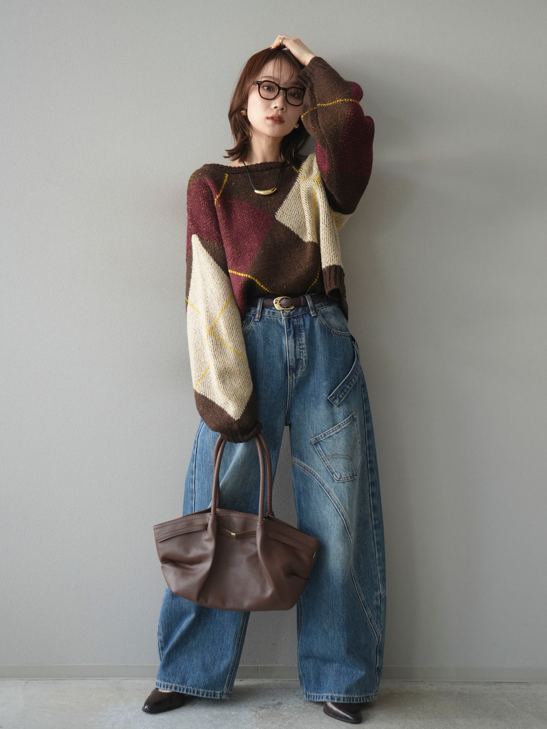 [SET]配色ステッチアーガイル柄ニットプルオーバー+ペインターカーブデニムパンツ(2set)