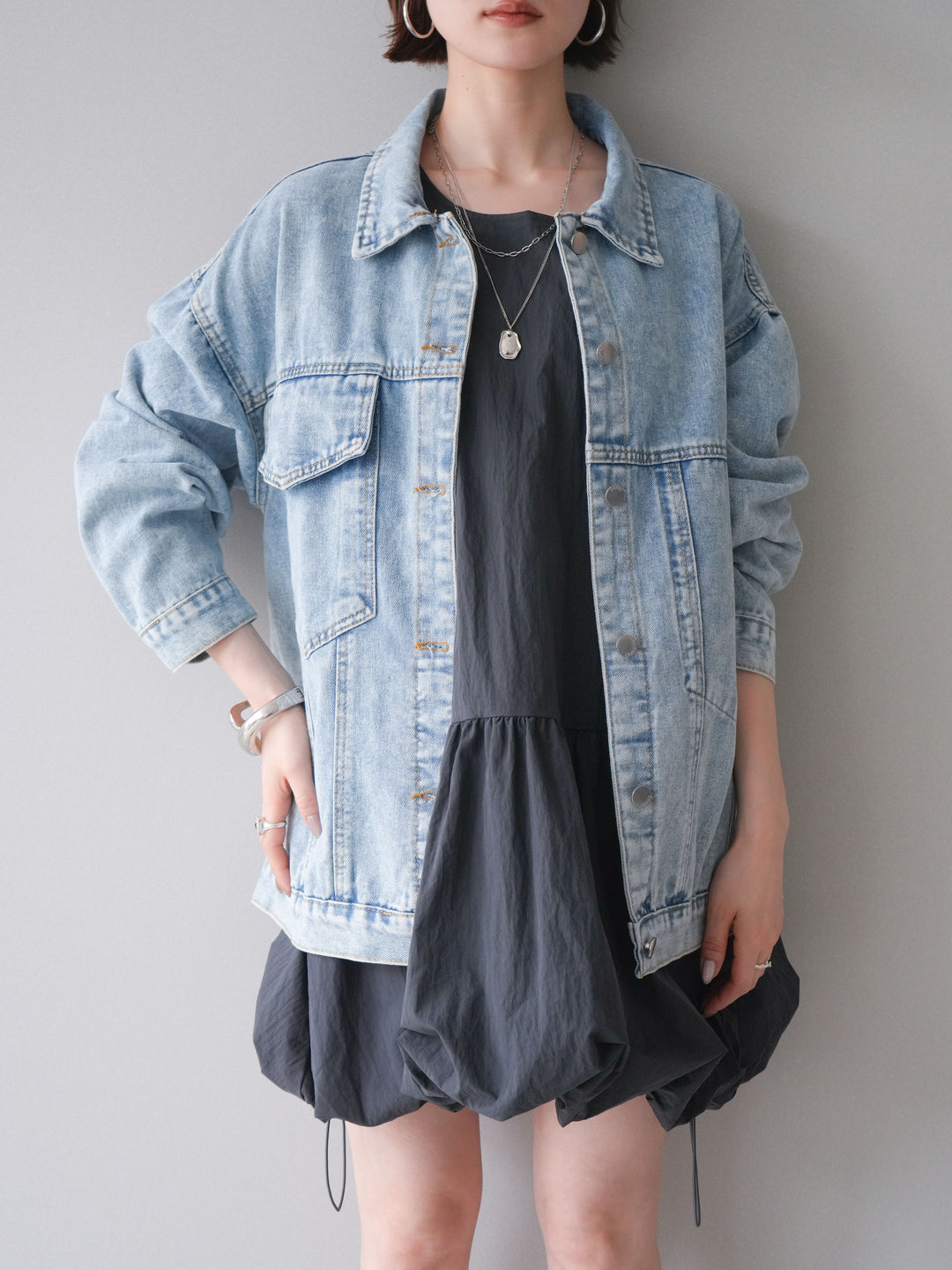 [予約]ドロストバルーンミニワンピース/charcoal