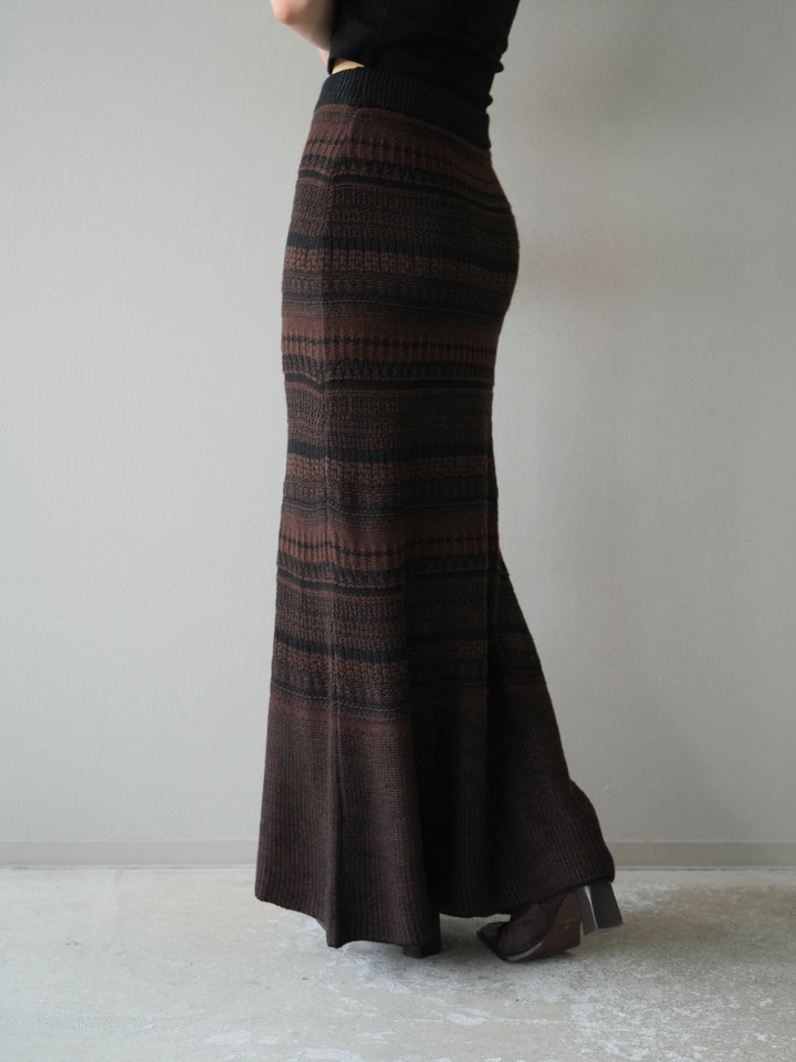 [予約]ガーター編みニットロングスカート/ブラウン×ブラック