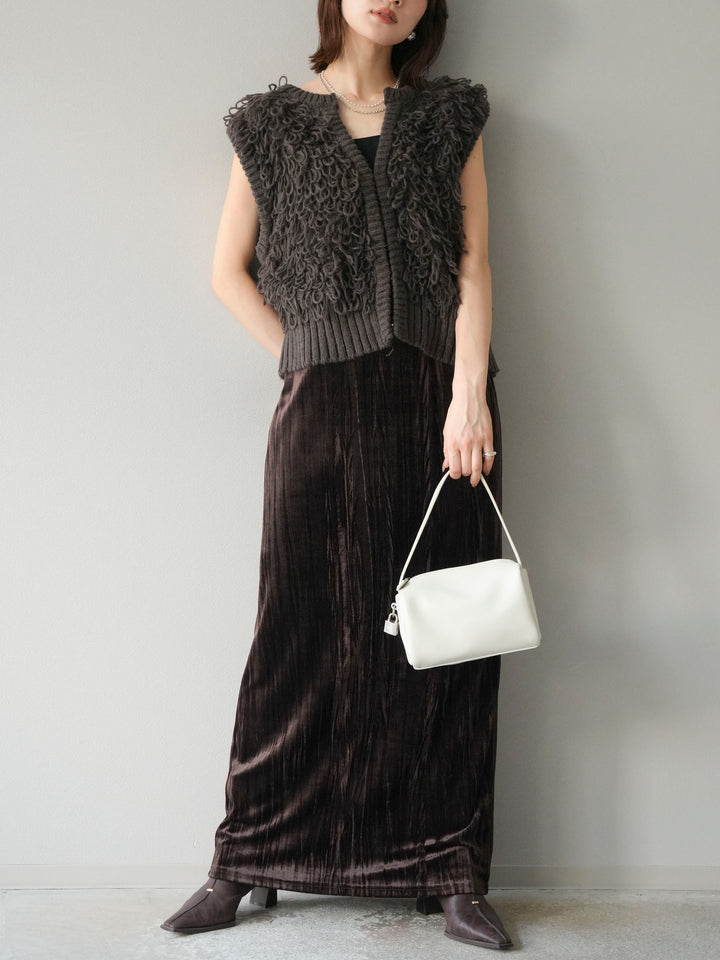 [SET]レザー襟オンブレチェックオーバーシャツ +ループデザインホックベスト +クラッシュベロアナロースカート(3set)