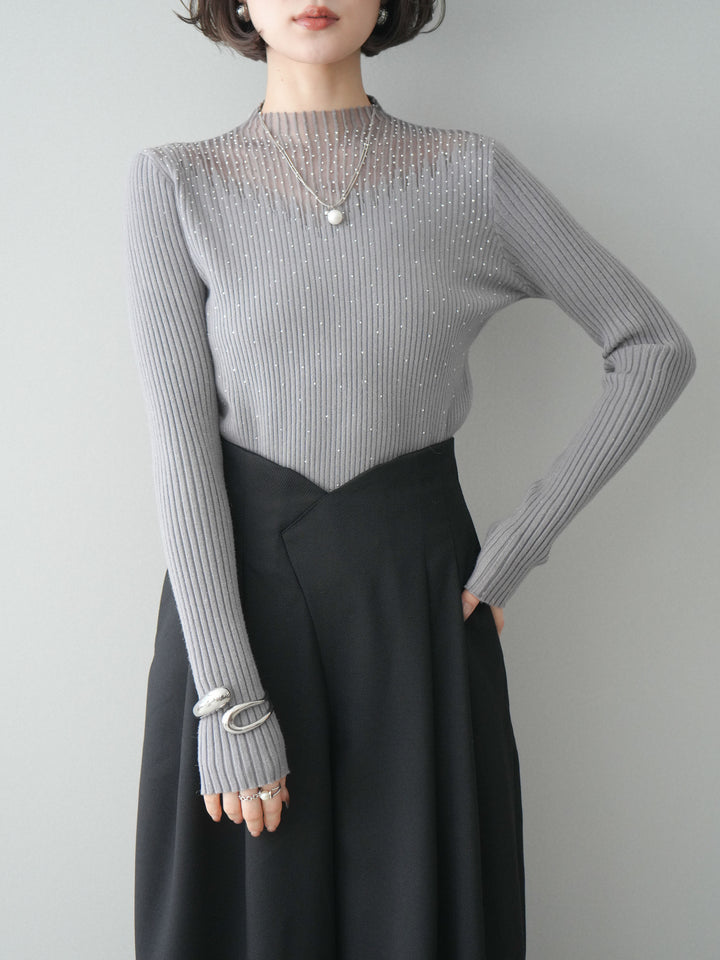 [SET]シアー切替スパンコールリブニットトップス+デザインハイウエストワイドパンツ(2set)