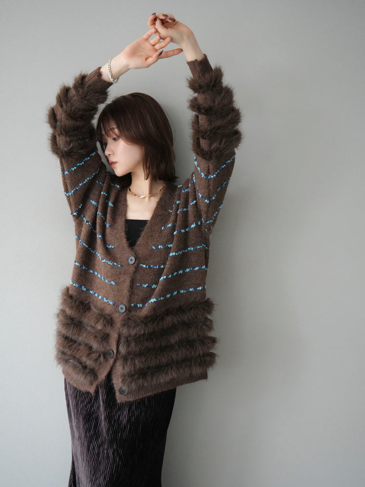 [SET]フェザーライン配色シャギーニットカーディガン+ベロアプリーツナロースカート(2set)