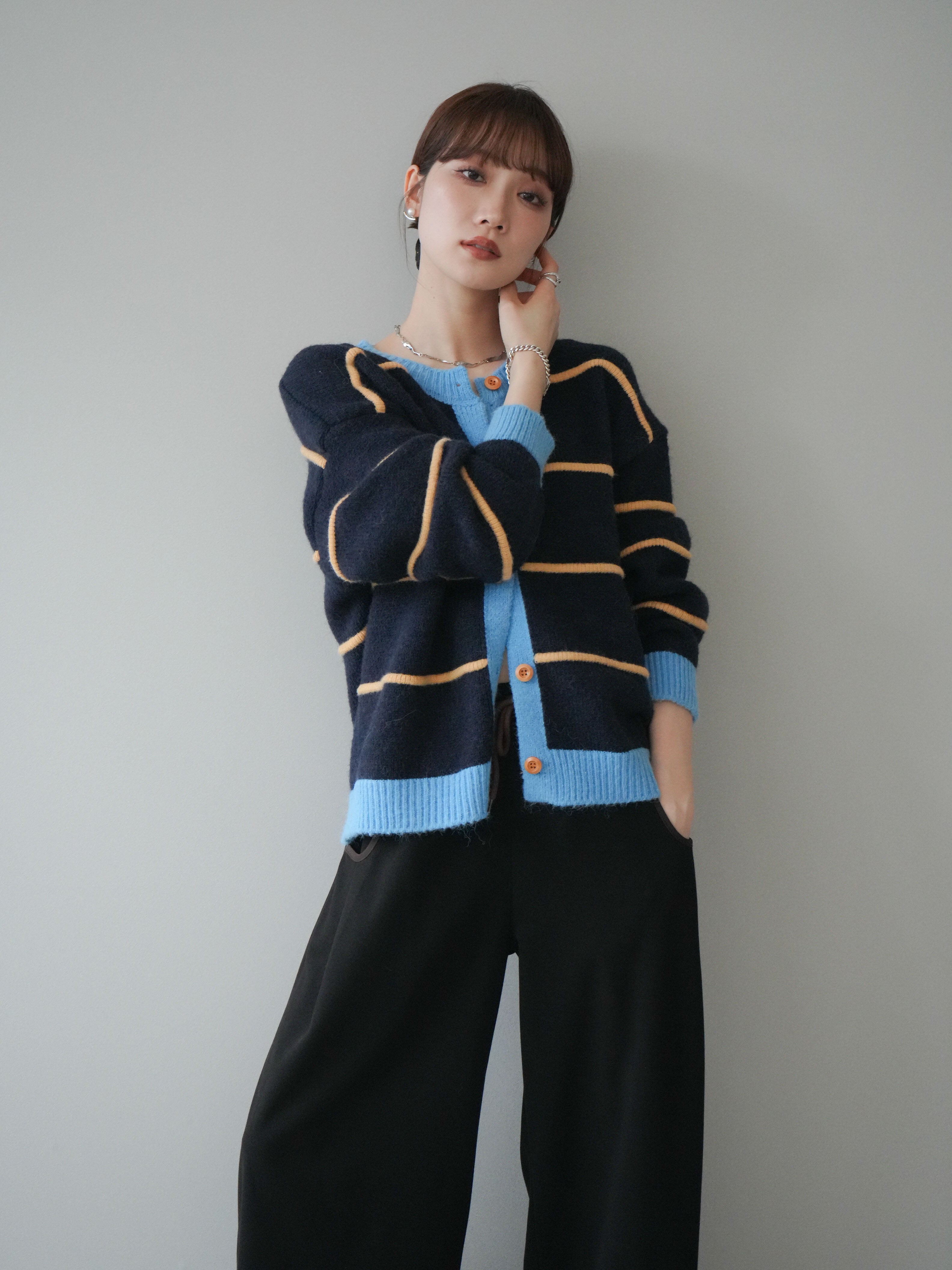 marimekko ボーダーカーディガン ネイビー Mサイズ　状態良 予約]配色ボーダーニットカーディガン/navy – Lumier