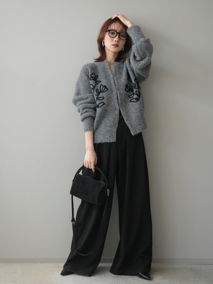 [SET]テープ刺繍ホック開きブークレニットカーディガン+ベルトループデザインワイドパンツ(2set)