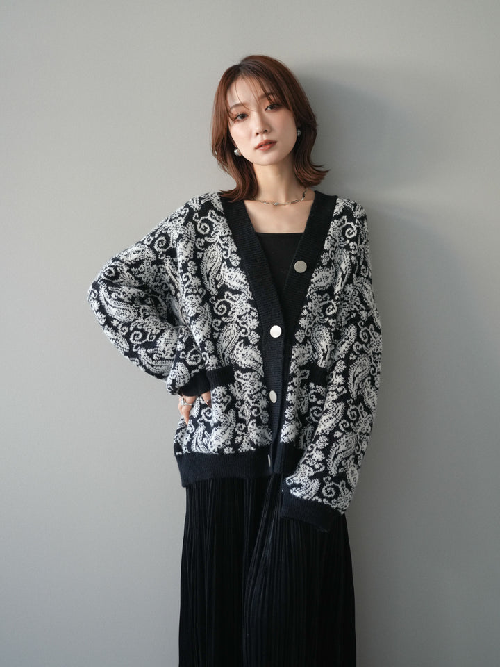[SET]ペイズリー柄ニットカーディガン+パンチングデザインスエードプリーツスカート(2set)