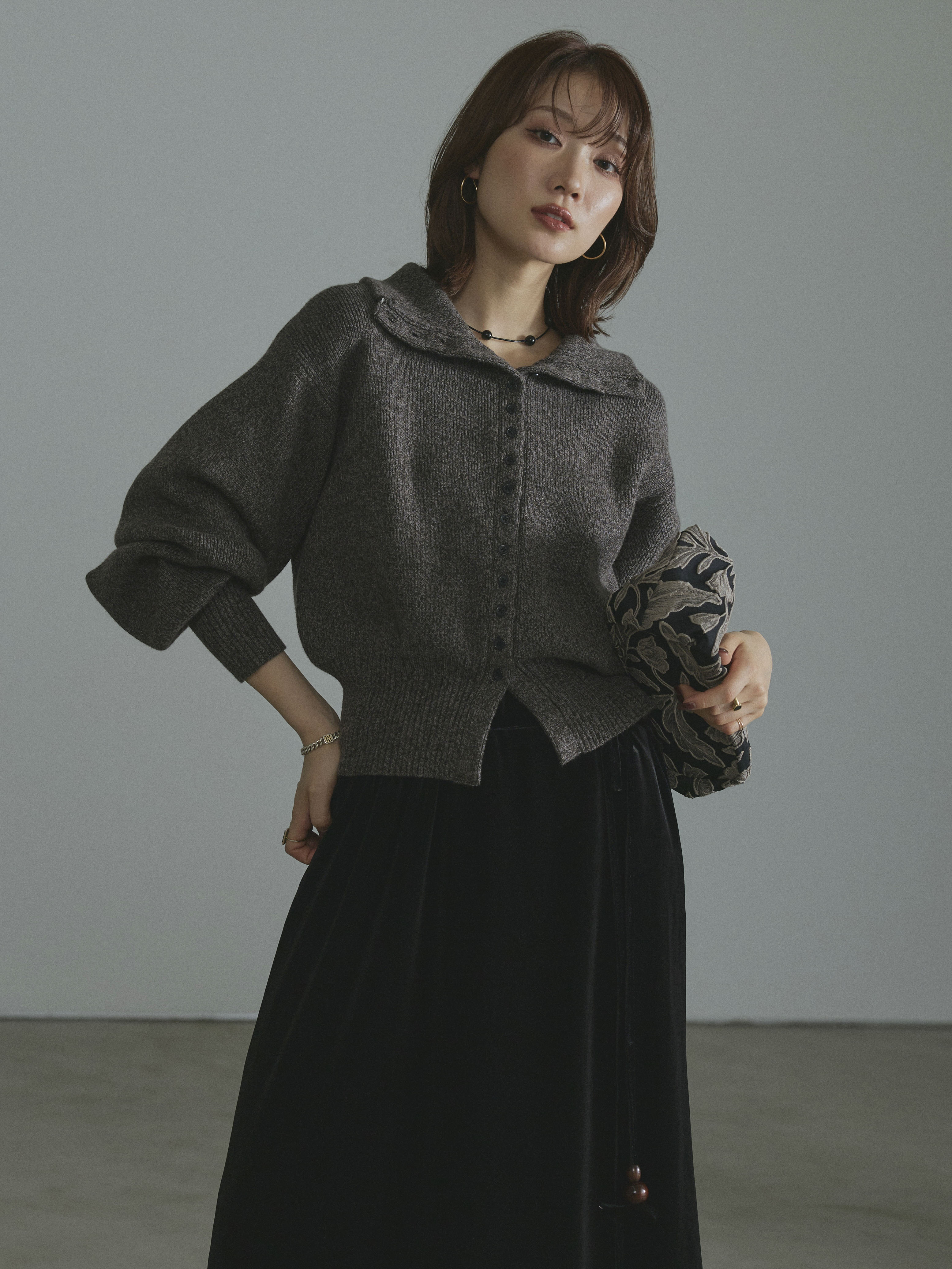 Amomento ブラック ハイネック カーディガン el:ment 透かし編みで風通る 部分UVカットのやわらかコットン100