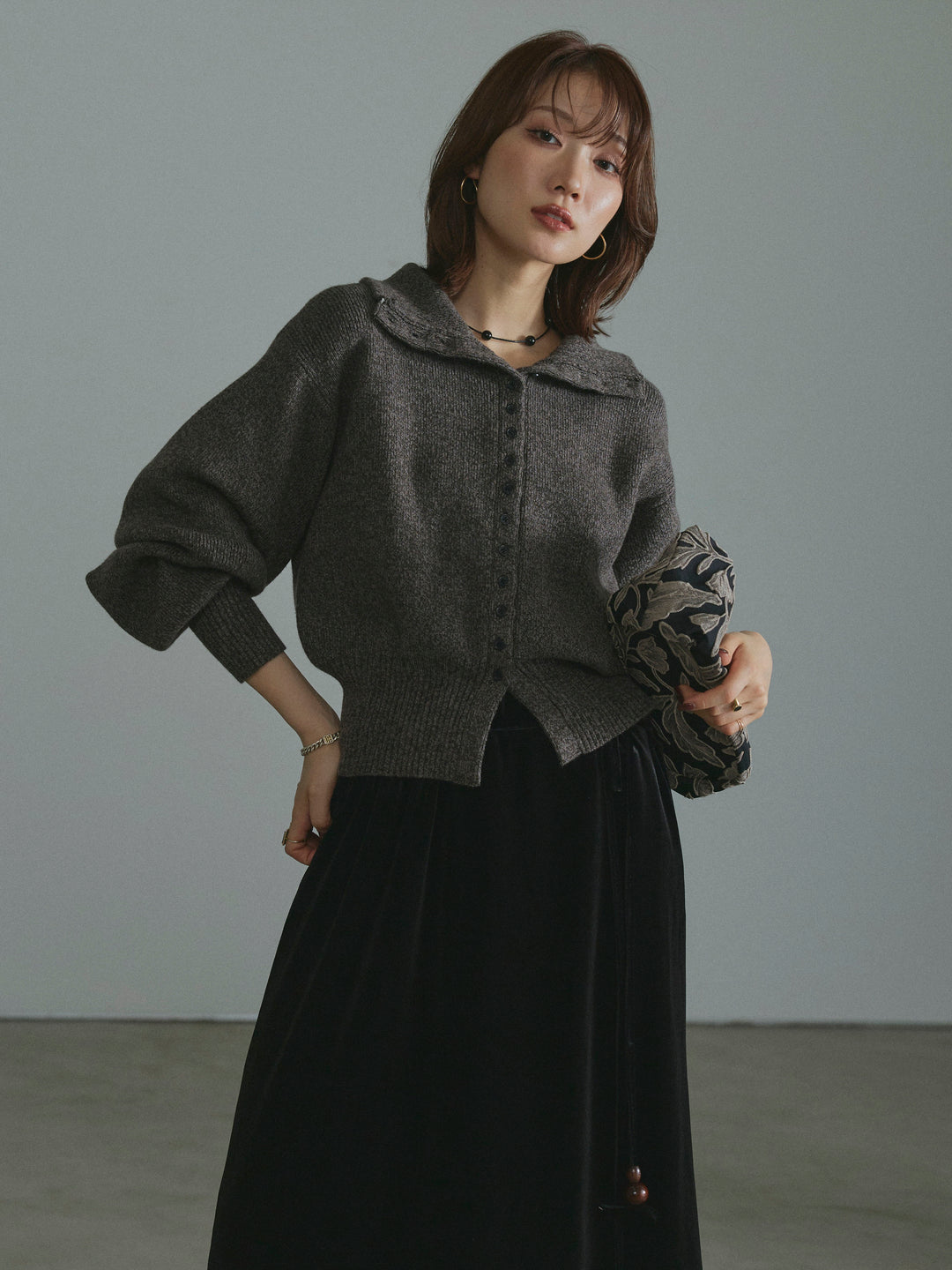 【Allure】[SET]ミックスハイネックカーディガン+ミックスハイネックカーディガン(2set)