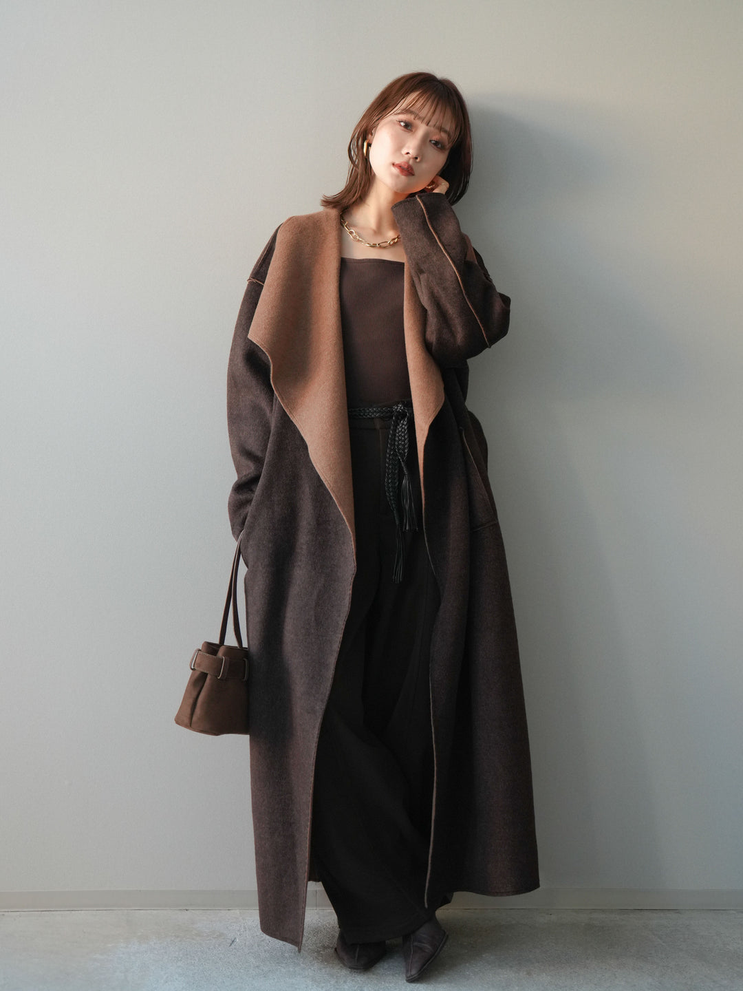 [予約]ベルト付裏起毛センターシームカーブパンツ/brown