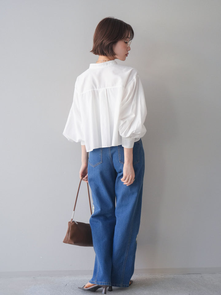 [SET]ラッフルフレアショートブラウス+フラワー刺繍ストレートデニム(2set)