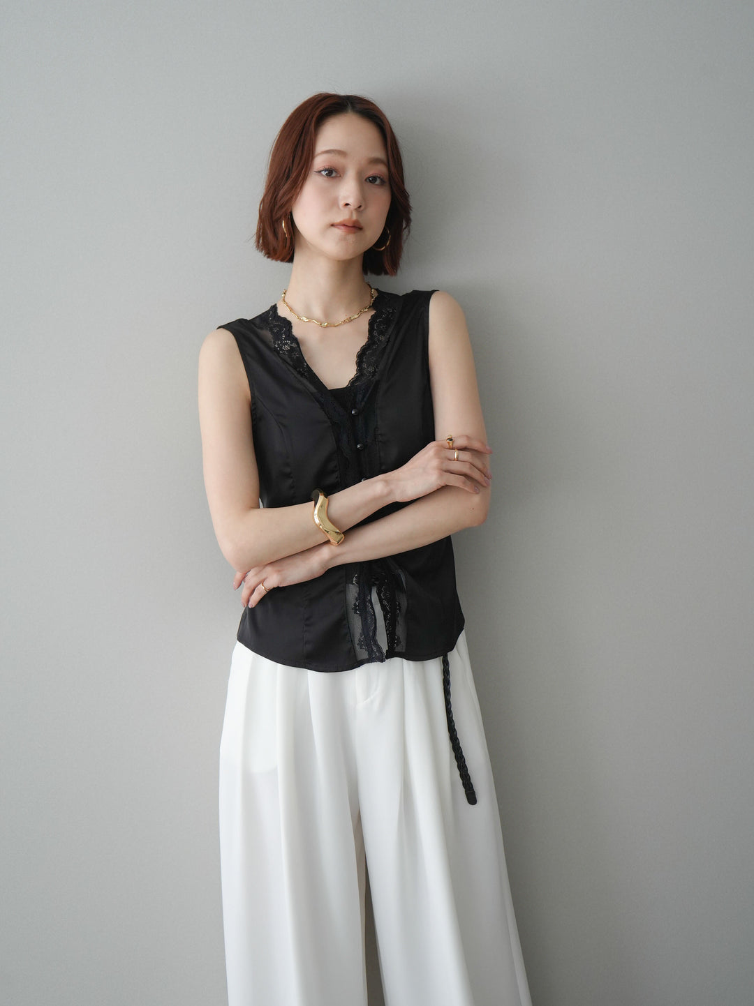 [予約]ノースリサテンレースキャミソール/black