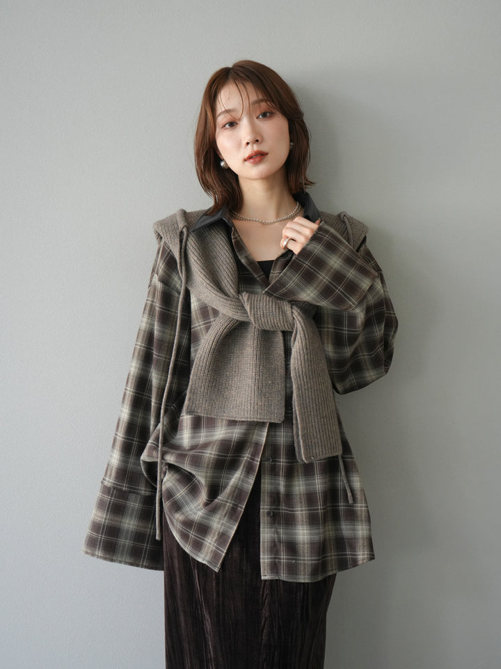 [SET]レザー襟オンブレチェックオーバーシャツ +クラッシュベロアナロースカート(2set)