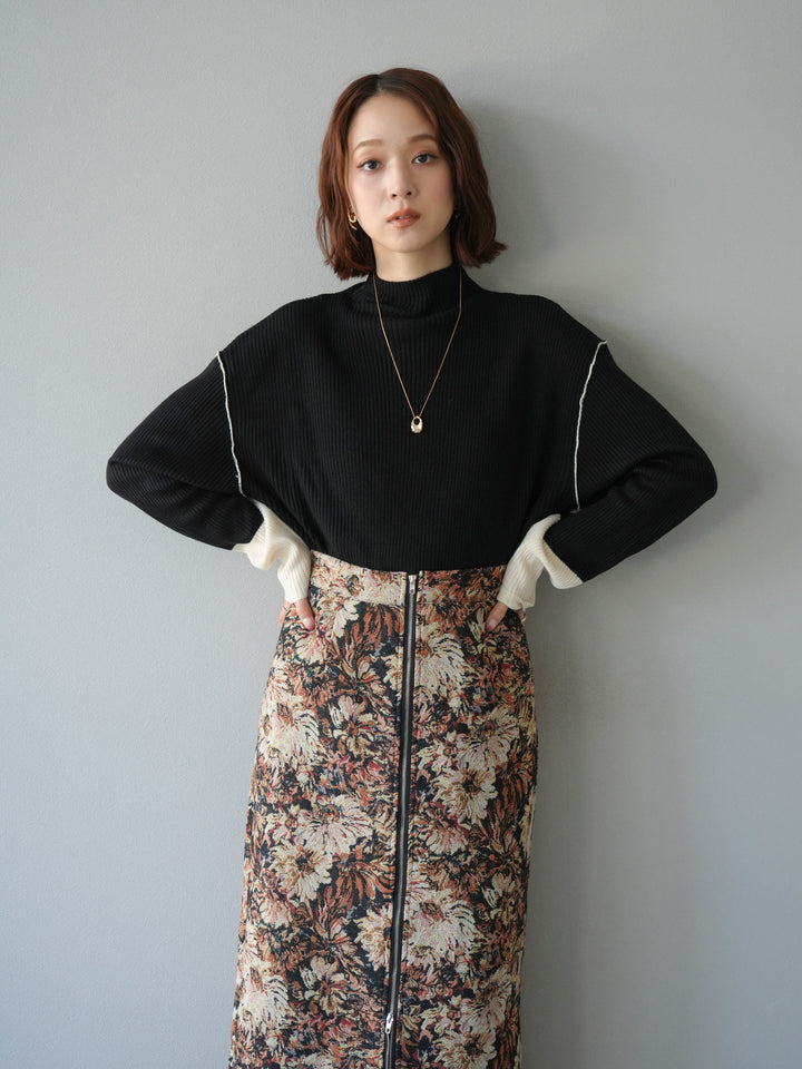 [予約]ボトルネック配色リブニットプルオーバー/ブラック×エクリュ