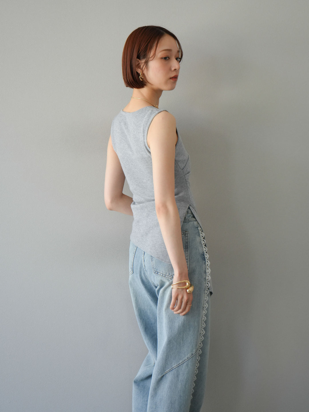 [SET]カシュクールノースリーブニットトップス+ラインレースデニムパンツ(2set)