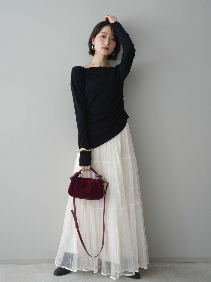 [SET]ラインストーンアシンメトリーニットトップス+ラメプリーツレイヤードチュールロングスカート(2set)