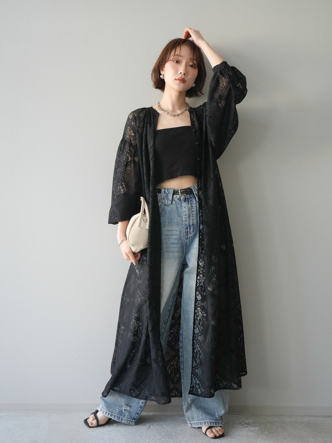 【預購】薄紗蕾絲長裙 / 黑色
