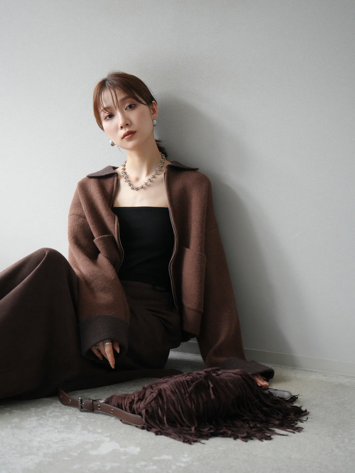 [予約]ポロ襟ジップニットカーディガン/キャメル