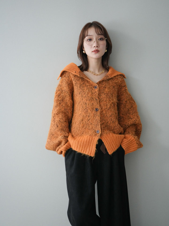 [SET]リブ切替メランジニットカーディガン+モチーフベルト付スエードタックワイドパンツ(2set)