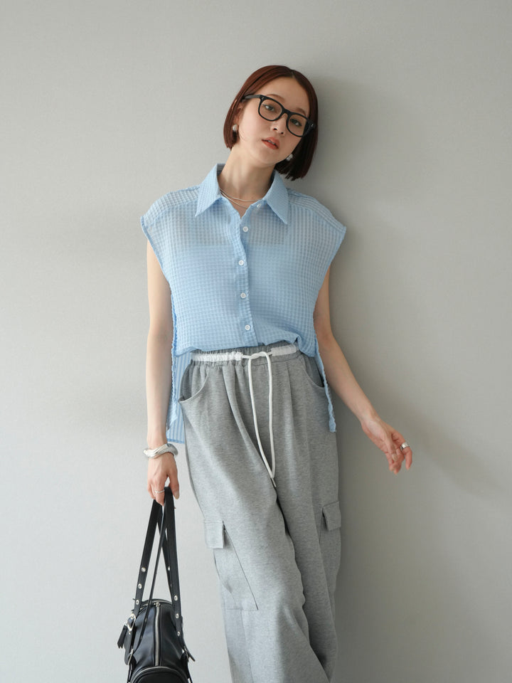 [予約]シアーチェックノースリーブシャツ/ライトブルー