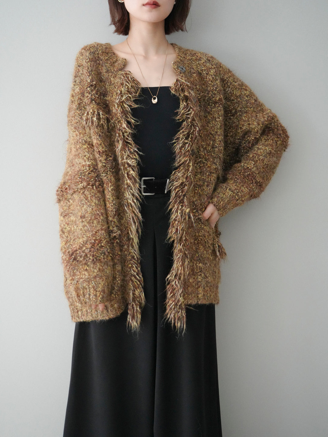 [予約]ミックスヤーンフリンジデザインニットジャケット/brown