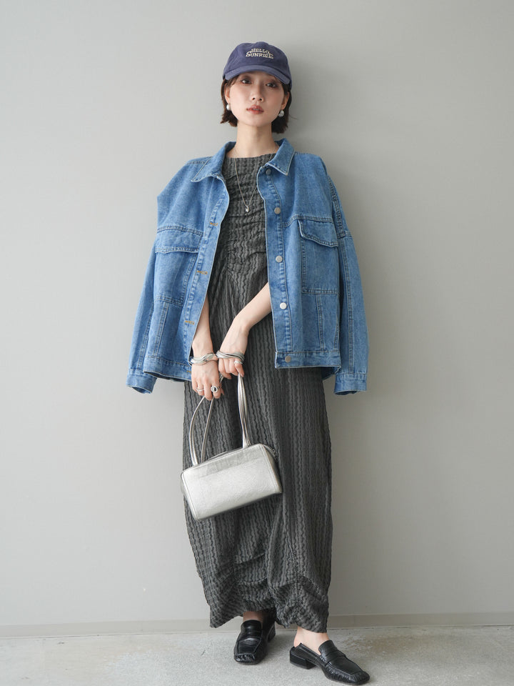 [SET]シャーリングジャガードノースリーブワンピース+ルーズシルエットデニムジャケット(2set)