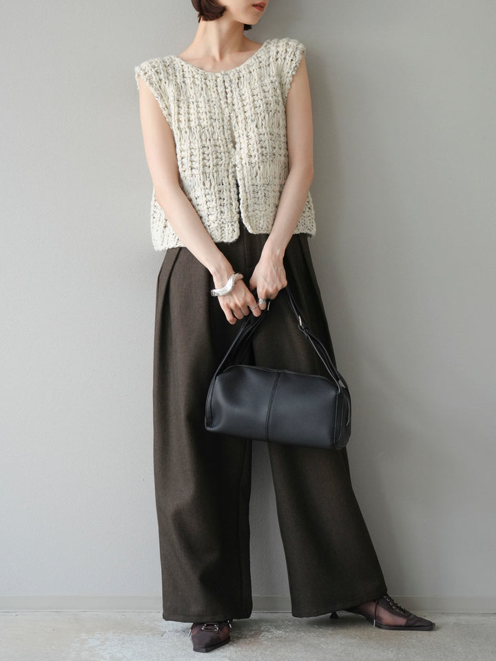 [予約]レザーパイピングタックワイドパンツ/ブラウン