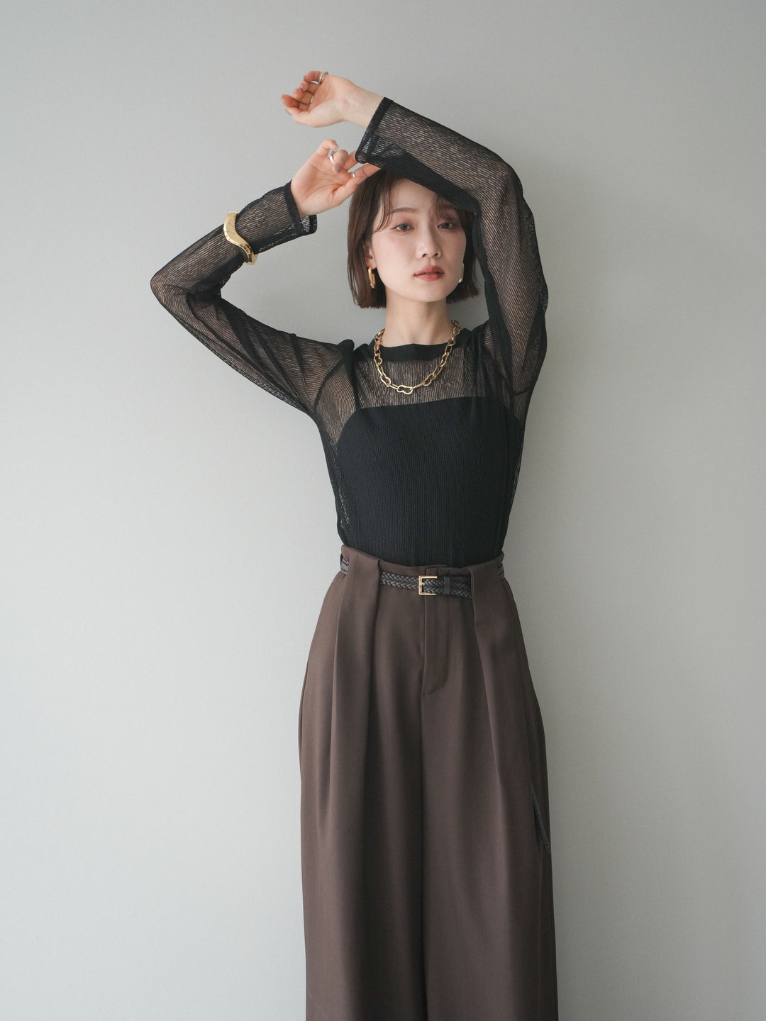 [SET]シアーストライプメッシュトップス+ドレープタックベルトループパンツ(2set)